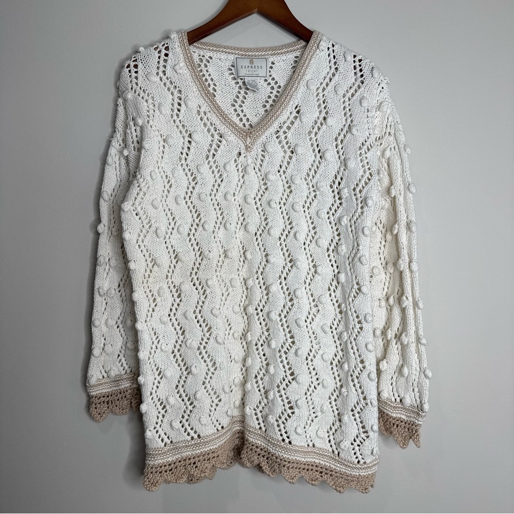 Vintage Y2K Express White Tan Sweater Crochet Bobble Open Knit Cotton Cottage